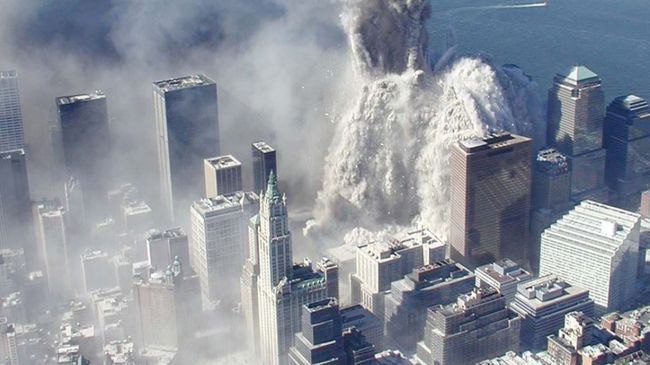 An aerial view of the destruction of the World Trade Centre. September 11th, 2001.