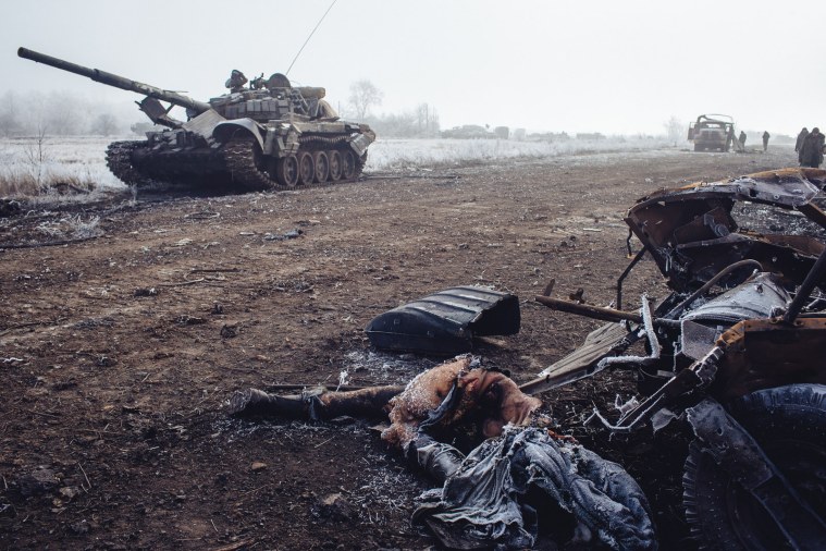 Destroyed Ukraine military hardware and the bodies of slain soldiers near Debaltseve. February, 2015.