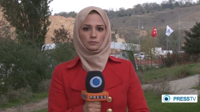 Serena Shim at the microphone for Press TV.