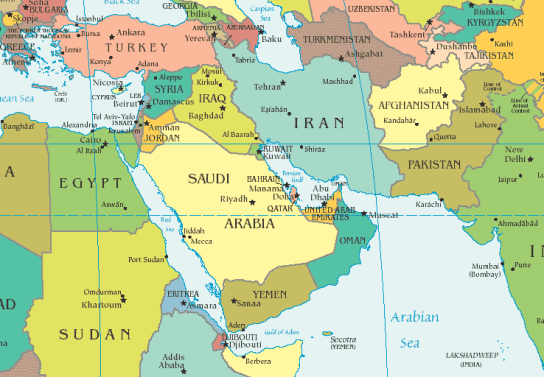 Political Map of the Middle East with Libya cut off at the far left.