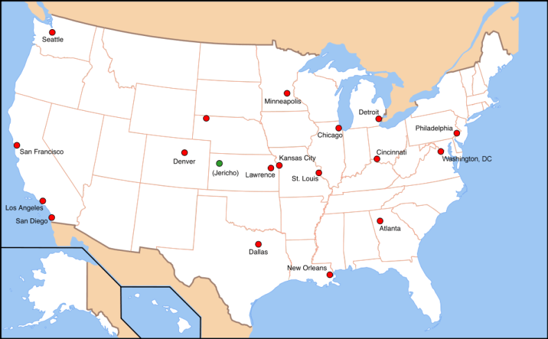 A Map of the sites attacked in the Jericho scenario.