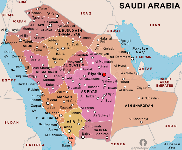 Najran is shown at the far south of Saudi Arabia 