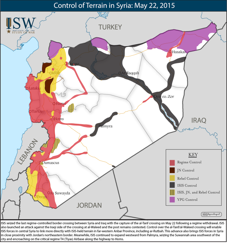 The lines of control in Syria as of May 22nd, 2015. The IS group it can be seen, holds nowhere near 50 percent.