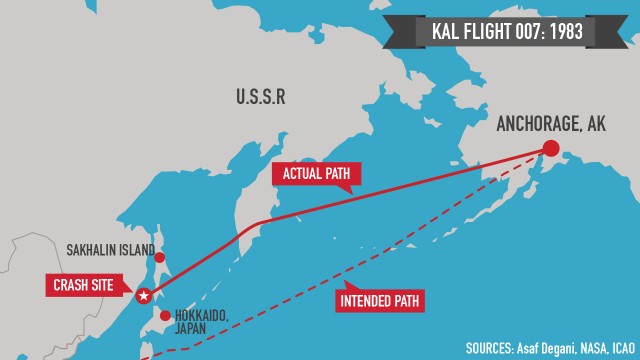This map depicts the planned flight path of 007 and it's diversion. 