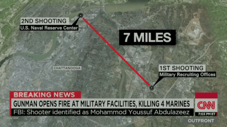 A CNN graphic shows the two alleged attack sites in Chatanooga, 7 miles apart.