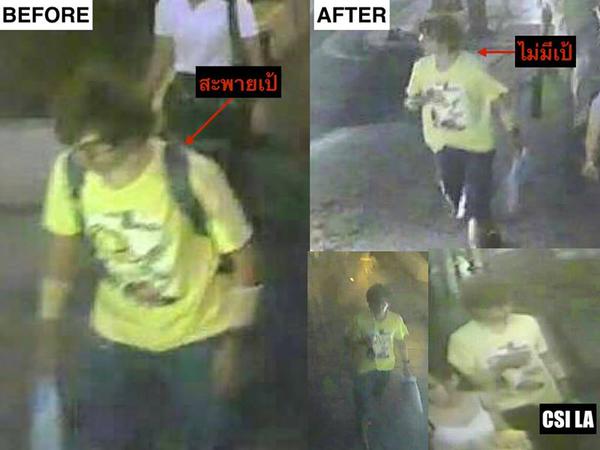 Stills from CCTV footage showing the person Thai authorities allege planted the bomb in Bangkok.