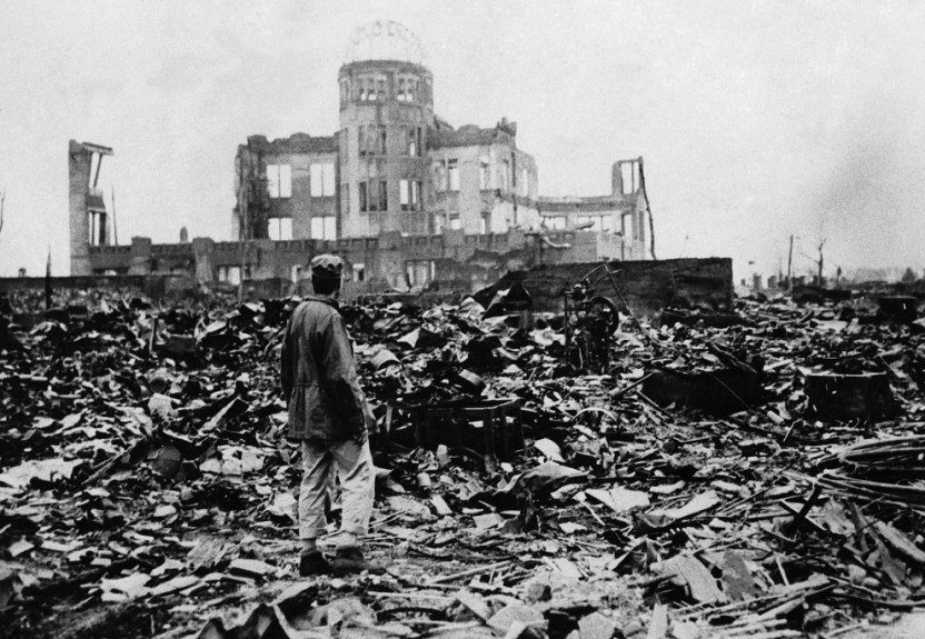 A man stands in the ruins of Hiroshima following the US nuclear attack of August 6th, 1945.