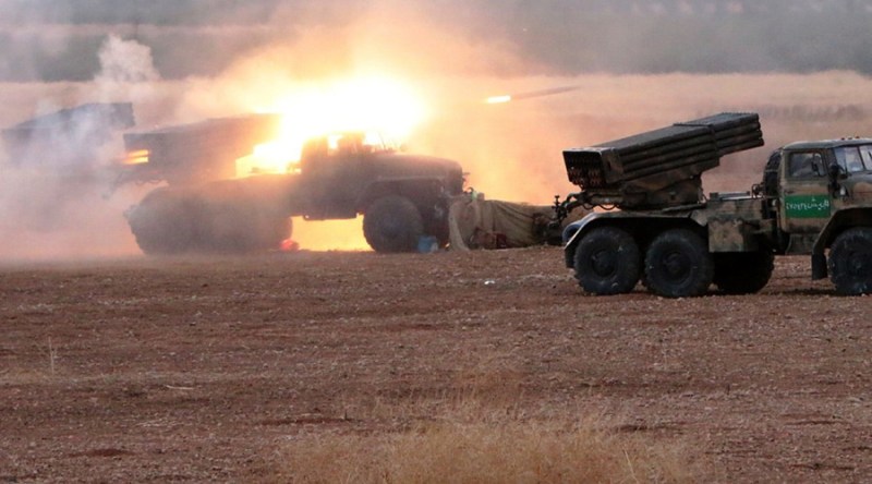 The Syrian Army Launch a rocket barrage in Hama at the start of their ground offensive, October 7th, 2015.