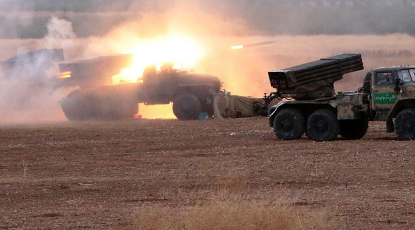 The Syrian Army Launch a rocket barrage in Hama at the start of their ground offensive, October 7th, 2015.