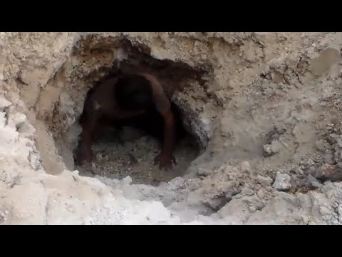 The hole created by a Russian air force attack on a Syrian rebel underground facility in Idlib. 