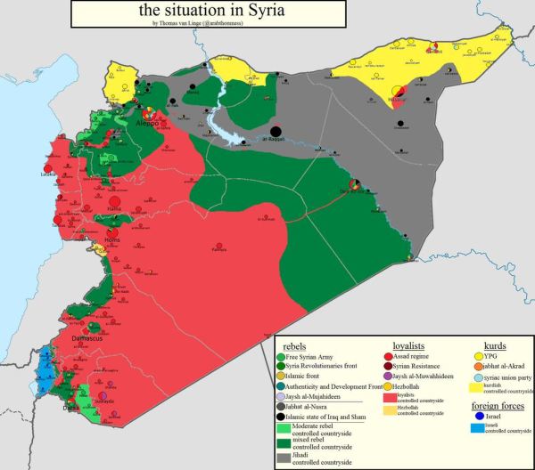Map of the areas of control in Syria at the start of 2014.