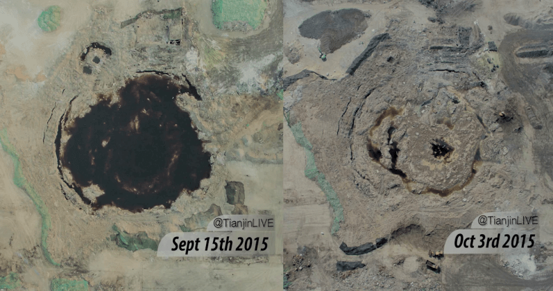 Photgraph shows the crater before and after being drained and filled in. 