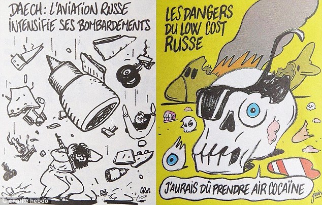The two Charlie Hebdo cartoons satirising the MetroJet disaster. 