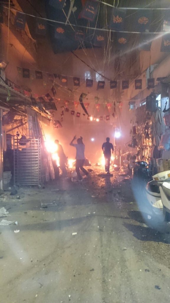 Aftermath of twin bomb attacks that left at least 36 dead in South Beirut Hezbollah stronghold.