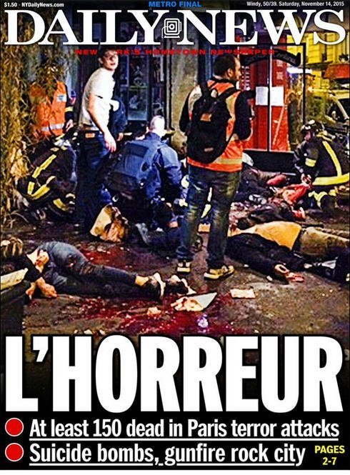 Graphic image of the horror in Paris from the front page of the French language Daily News.
