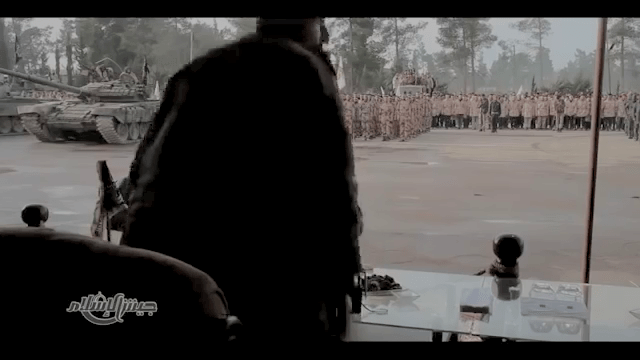 The Easter Ghouta military parade of April 2014. Jaish al islam leader Zahran Alloush surveys his troops. 