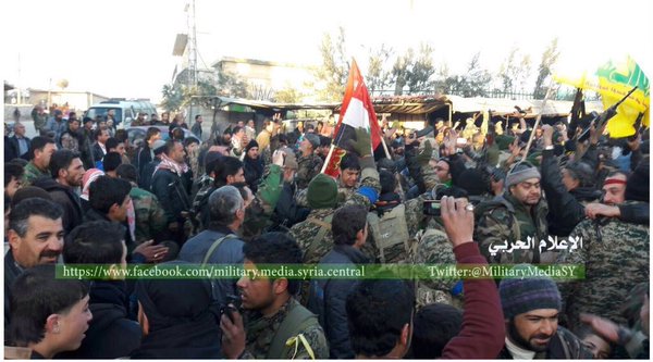 Citizens of Zahra in Aleppo province celebrate the breaking of the 40 month siege after the Syrian Army and Hezbollah entered the town this week. 