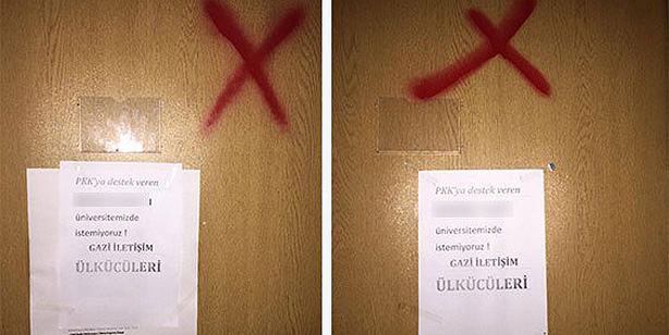 Threats abd red crosses on the doors of Academics who signed the anti-war petition. 