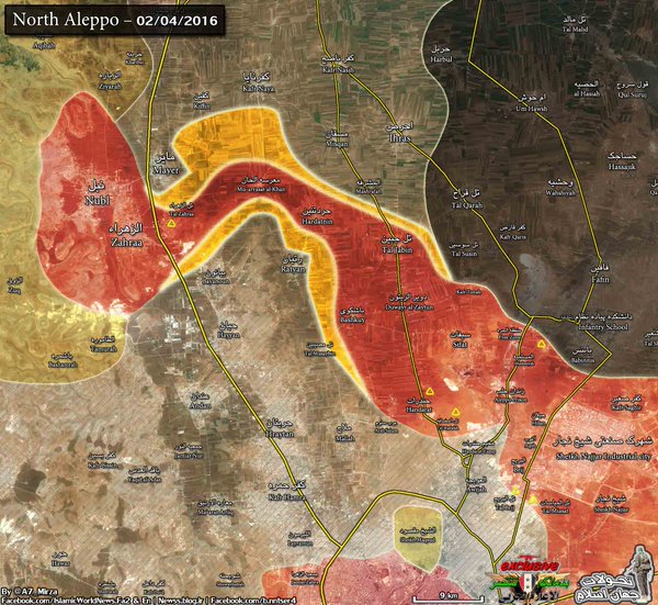This map gives some idea of the importance of the recent Syiran breakthroughs in Aleppo. The reddish coloured strip in the middle has cut the insurgents in Aleppo into two pockets north and south of the Syrian area of control. 