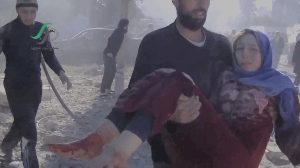 CIvilsain wounded in Russian/Syrian strike is rescued from destroyed byilding in Hama province, January 2016.