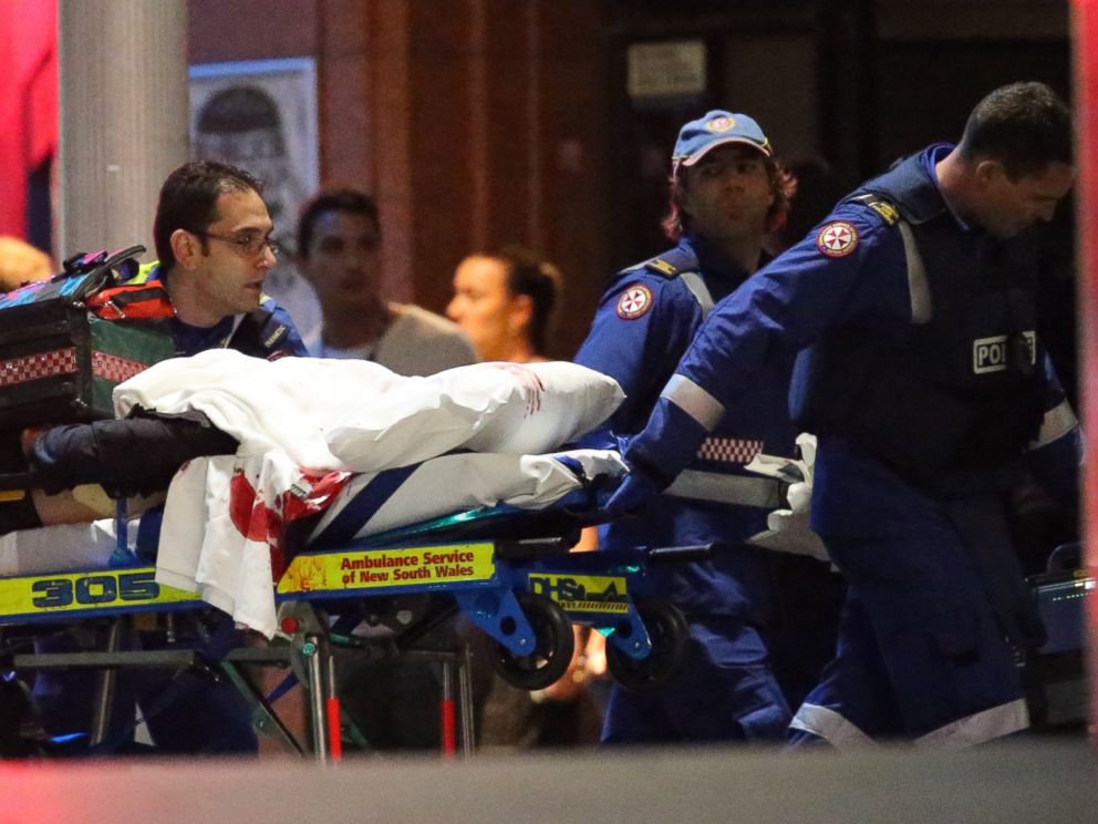Empty stretcher with a portion of fake blood at the Sydney siege, December 2014.