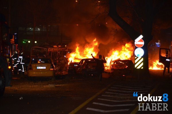 Aftermath of the latest bombing to strike Turkey in the Guvenpark bus station of the Kisilay district of Ankara.