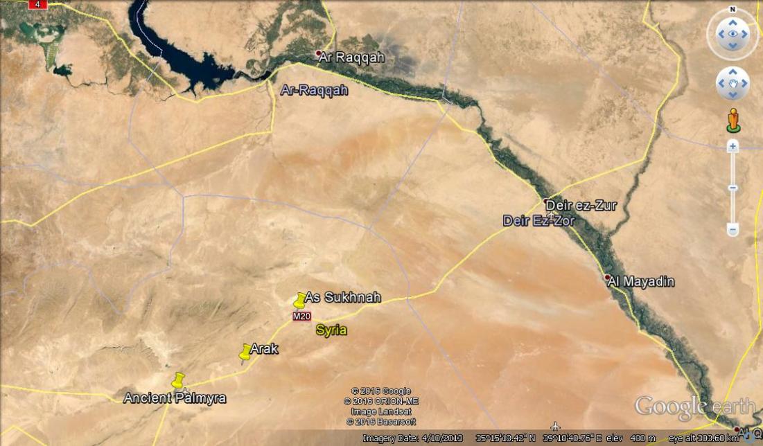 This image shows the relationship between Palmyra, Der ez Zour and Raqqa in Syria's east. 