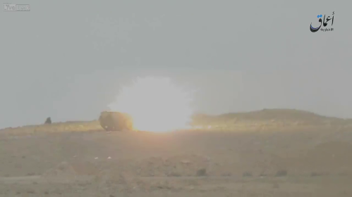 Still from an ISIS video shot on March 27th, the destruction of a Syrian Army tank with a rocket in the vicinity of Palmyra. (Source)