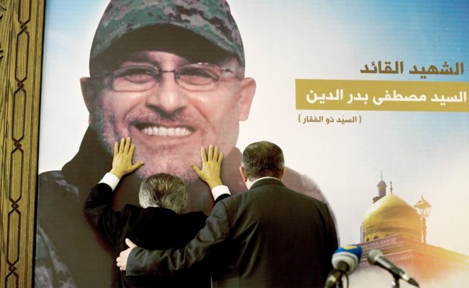 Family members in Beirut mourn the death of senior Hezbollah figure Mustafa Badredinne who was killed by an Israeli Airstrike near Damascus yesterday.