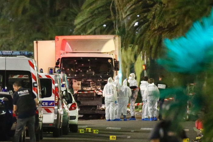 The truck claimed to have been used in the Nice attack is seen with bullet holes peppering the windscreen. 