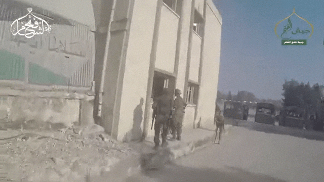 Jaish al Fatah insurgents encounter almost no opposition as they enter the Aleppo Artillery Academy. 