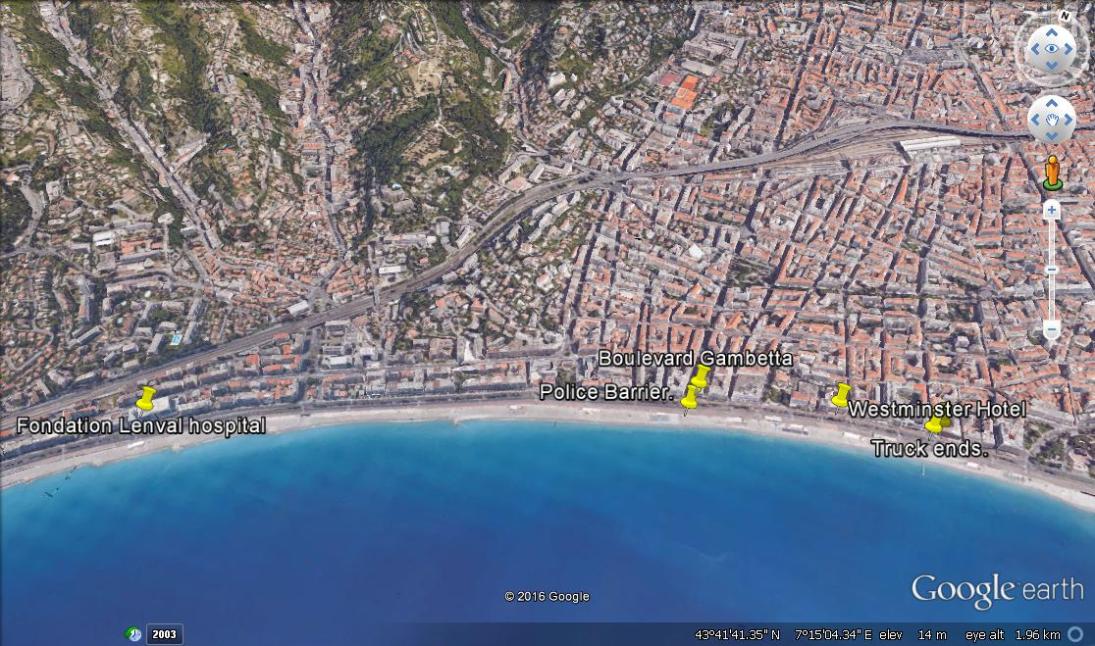 An overview of the area the attack is said to have taken place with key landmarks marked. An overview of the Promenade des Anglais with key landmarks marked.