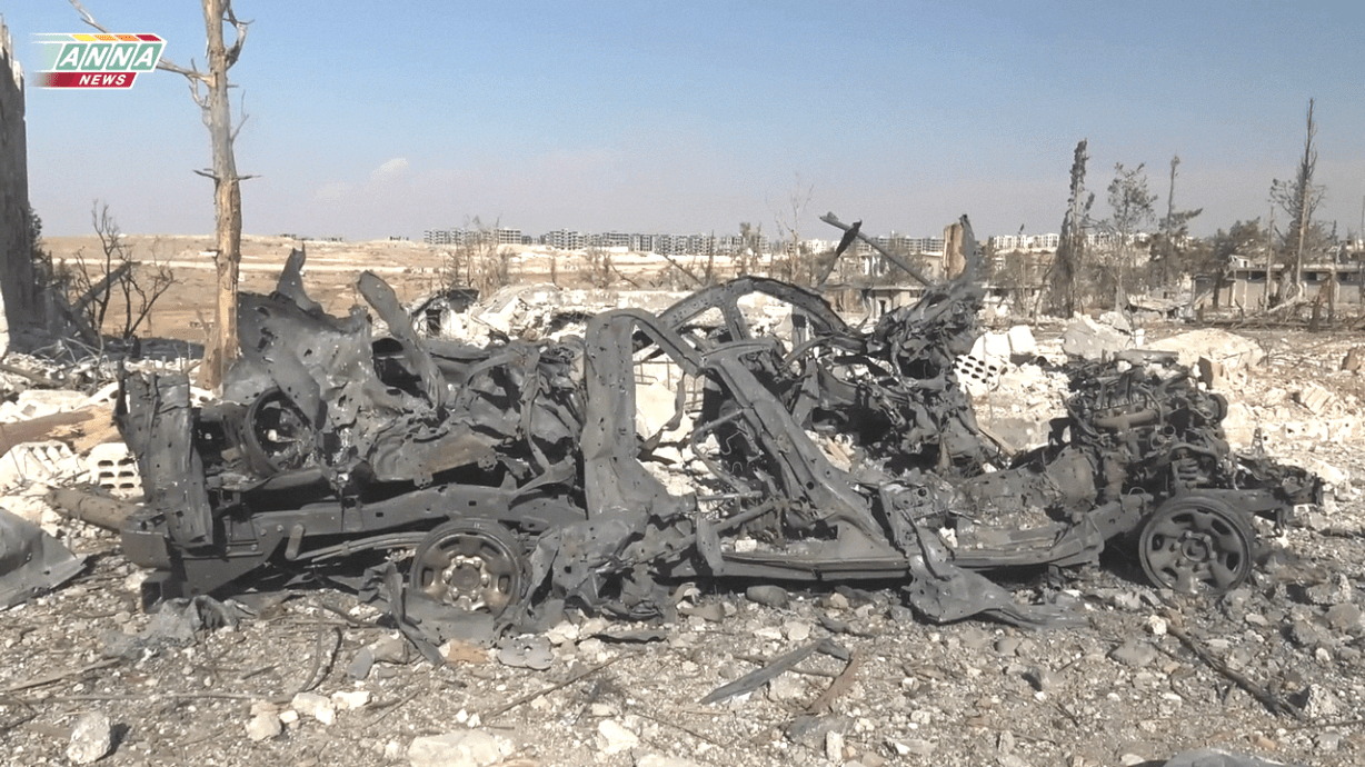 Twisted wreckage in the Ramouseh military coleges attests to the extraordinary intensity of the combat that has taken place.